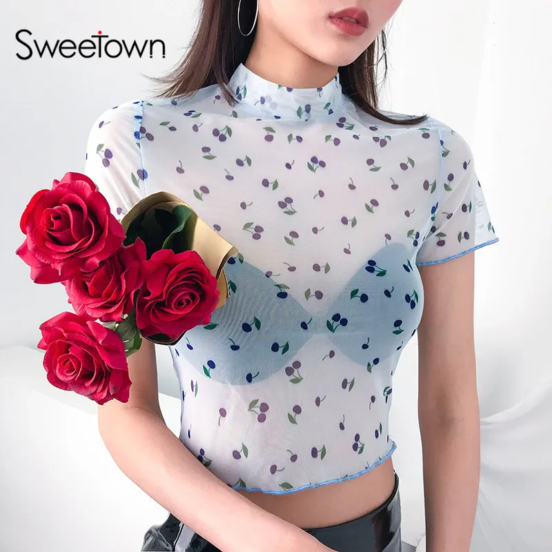 

Sweetown Harajuku Kawaii Sexy Transparent Mesh Crop Top T Shirt Women Short Sleeve Turtleneck Cute Cherry Summer Tee Shirt Femme
