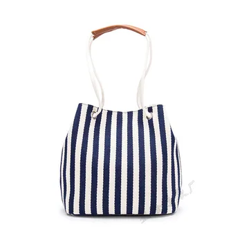 

Exaggerated Soft Surface Canvas Bucket Bag Casual Female Handbag Striped Blue And White Tote Bags With Shopping Handbags 2019
