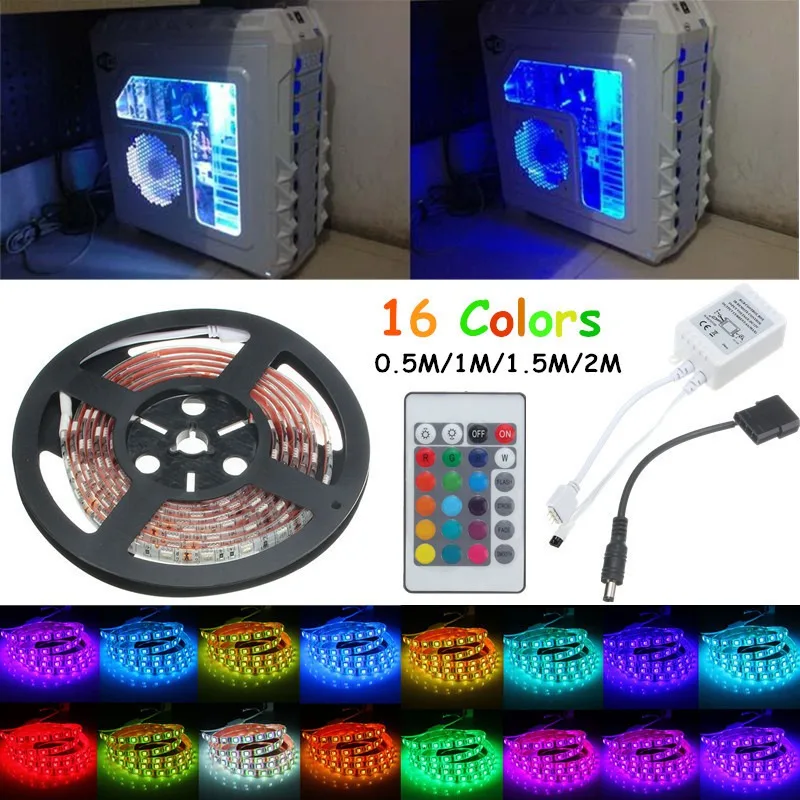 Новое поступление 0,5 м/1 м/1,5 м/2 м 16 цветов Светодиодная лента 5050 SMD RGB DC12V компьютерный ПК Шасси светодиодный свет 24 клавиши дистанционного