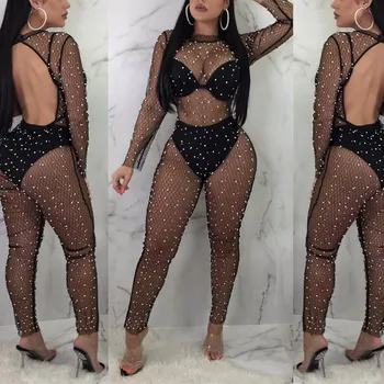

Elegant Sexy Jumpsuits Women Long Sleeve Solid Pearl Jumpsuit Loose Trousers Leg Pants Rompers Holiday Leotard Overalls