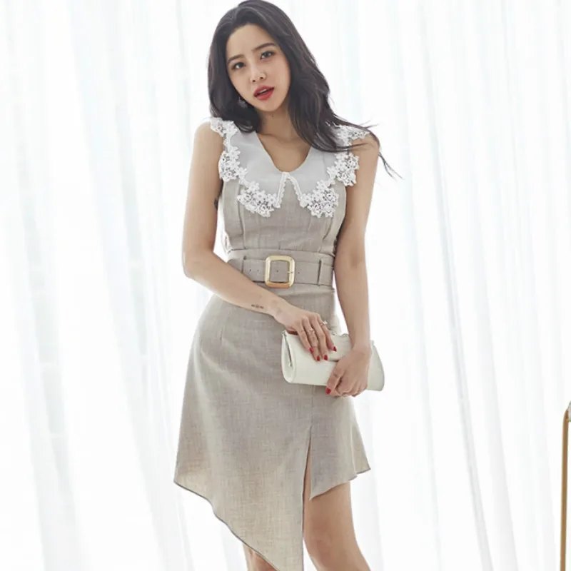 

Summer Lace Patchwork Sleeveless Top A-Line Irregular Skirt Two Piece Solid Suit Dress