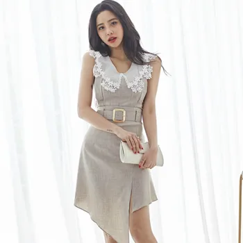 

Summer Lace Patchwork Sleeveless Top A-Line Irregular Skirt Two Piece Solid Suit Dress