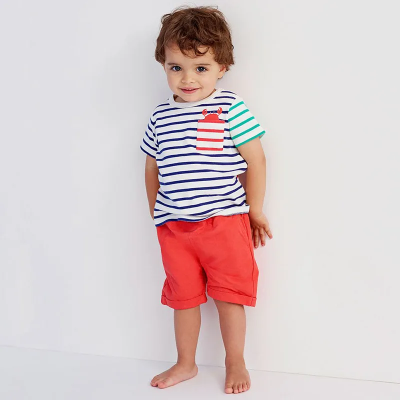

New Summer Children's Suit of European and American Style Children's Suit Knitted Cotton Short Sleeve Stripe Cartoon Boy Suit