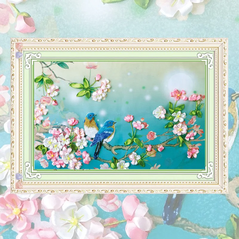 

65X45cm 3d Flower Bird DIY Ribbon Embroidery Print Cross Stitch Paintings Handwork Craft Needlework Kits Pattern Home Decor