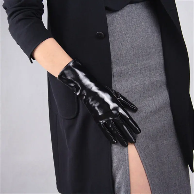 Patent Leather Black 28 см, лакированные кожаные перчатки, теплые, средней и длинной части, имитирующая кожу, яркие, черные, на подкладке, ярко-желтые, Имбирные, желтые, WPU89 - Цвет: Patent Leather Black