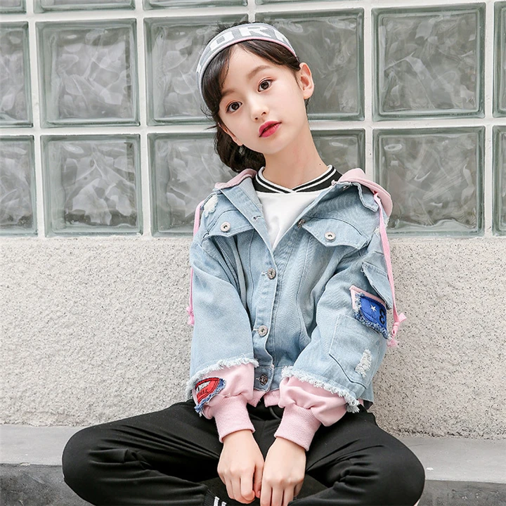 Denim com Capuz Anos Grandes Meninas Denim Jaquetas 2020 Primavera Outono Moda Crianças Outwear Jeans Cabolsa Retalhos 12 3-14 7 High Quality Mamãe e Bebê