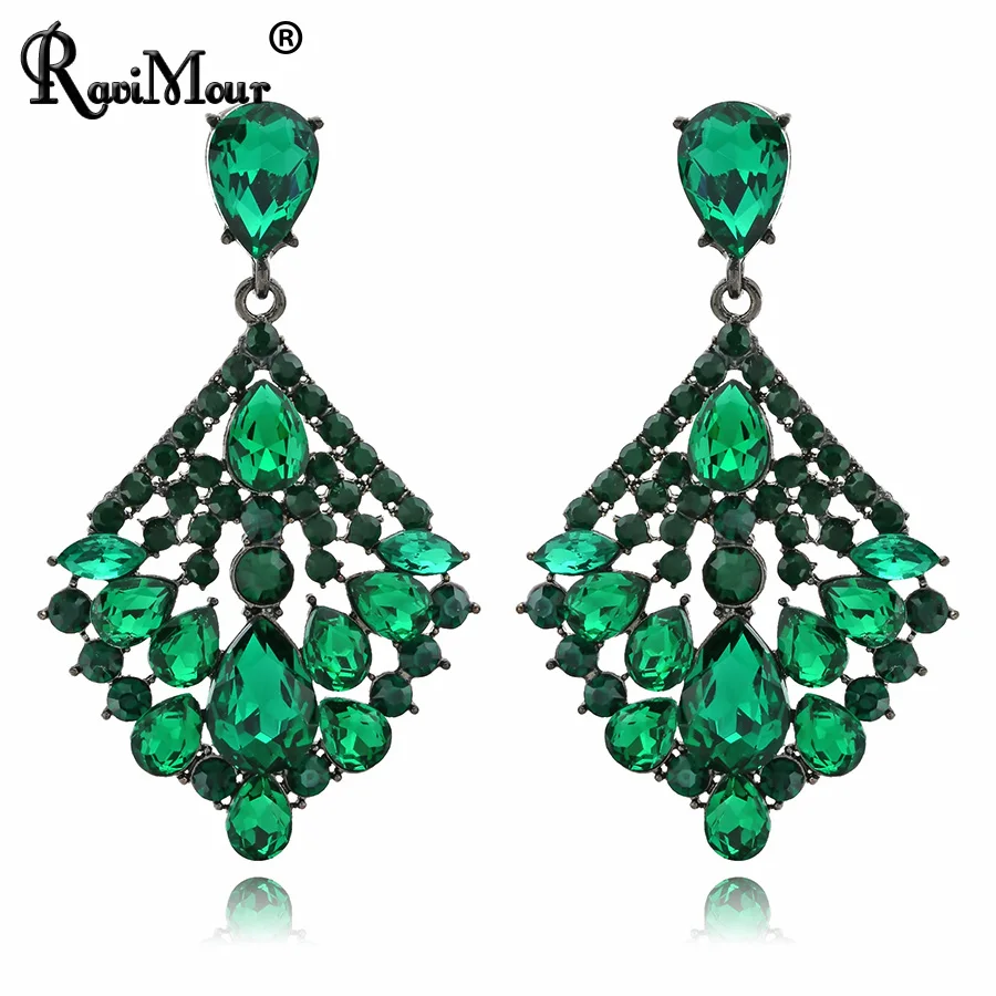 

RAVINOUR Statement Women Earrings Jewelry Fashion Geometric Green Crystal Long Drop Earring Femme Bridal Ornaments Big Orecchini