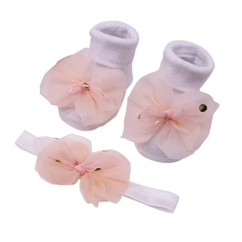 

Infant Socks Newborn Baby Mesh Bowknot Design Cotton Socks With Hairband Pography Props Set