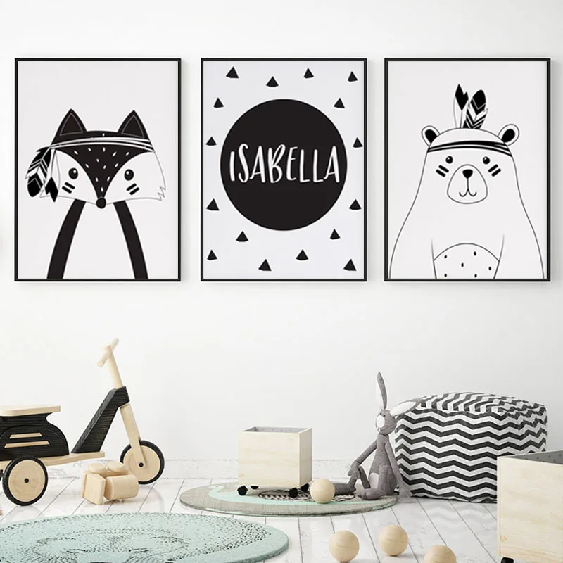 

Tribal Prints Nursery Wall Art Canvas Painting Custom Personal Name Nordic Poster Cartoon Fox Bear Wall Pictures Kids Room Decor