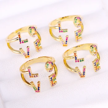 

6PCS, Rainbow Love Letter Rainbow Crystal CZ Finger Ring for Women Gold Jewelry