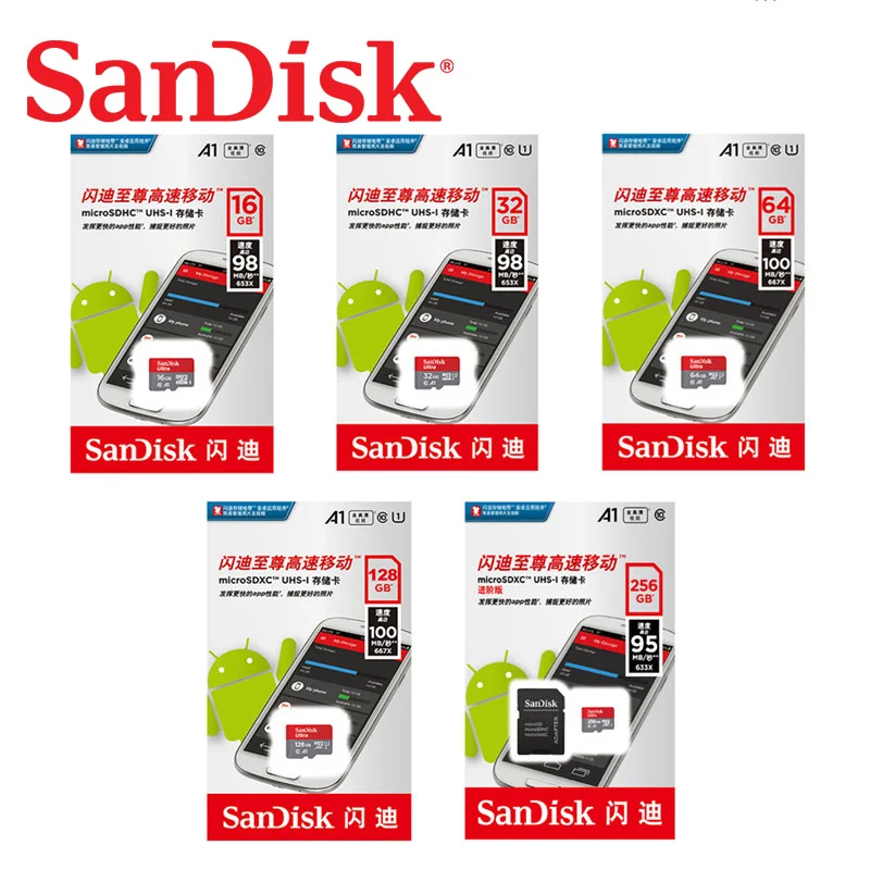 Двойной Флеш-накопитель SanDisk Ultra карты памяти 200 ГБ 128 Гб 64 ГБ 32 ГБ оперативной памяти, 16 Гб встроенной памяти, 8 Гб microSDHC/micro SDXC UHS-I картой micro SD объемом 98 МБ/с. TF карта для смартфона