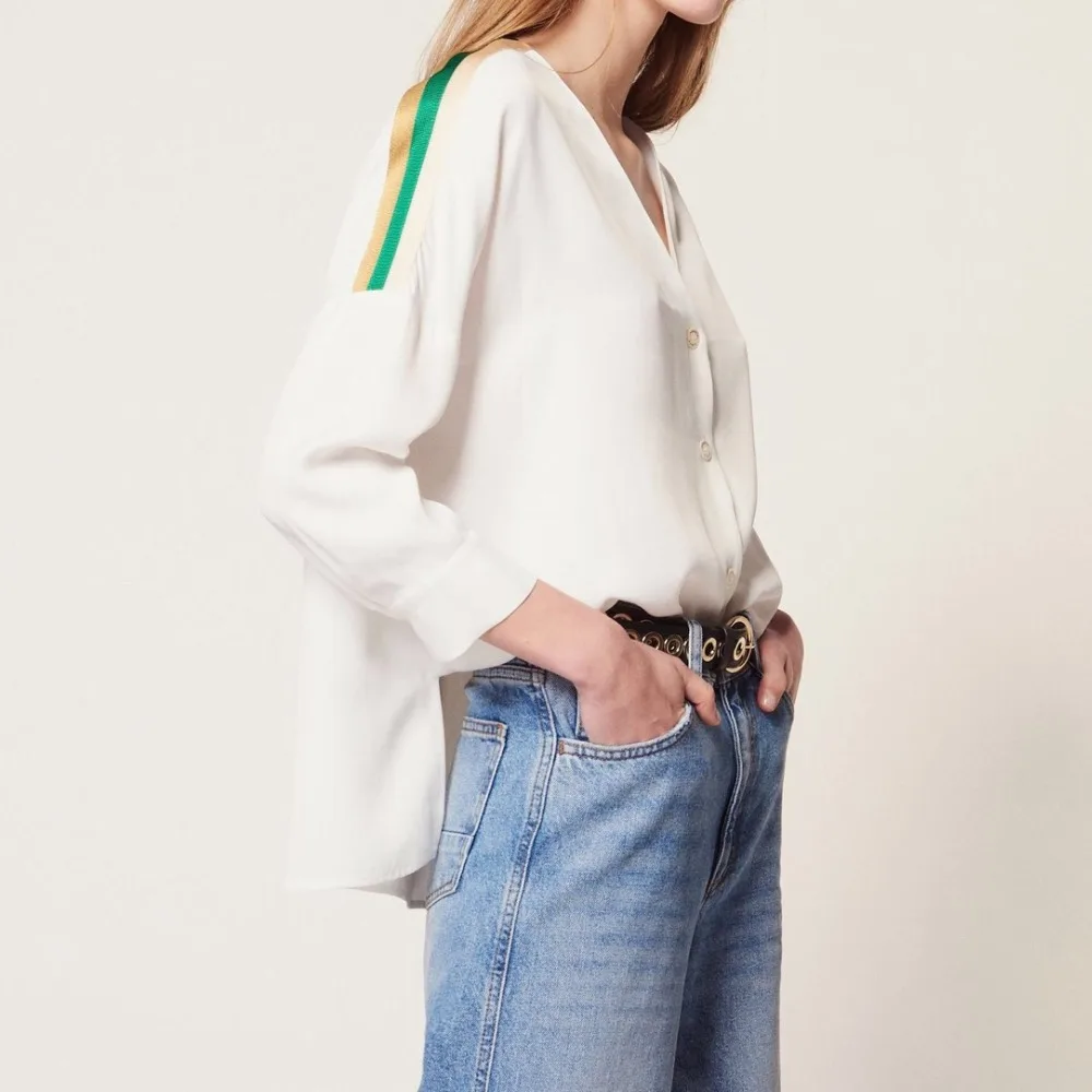 

2019 spring new V neck long sleeve hit the color spliced women casual irregular blouse shirts