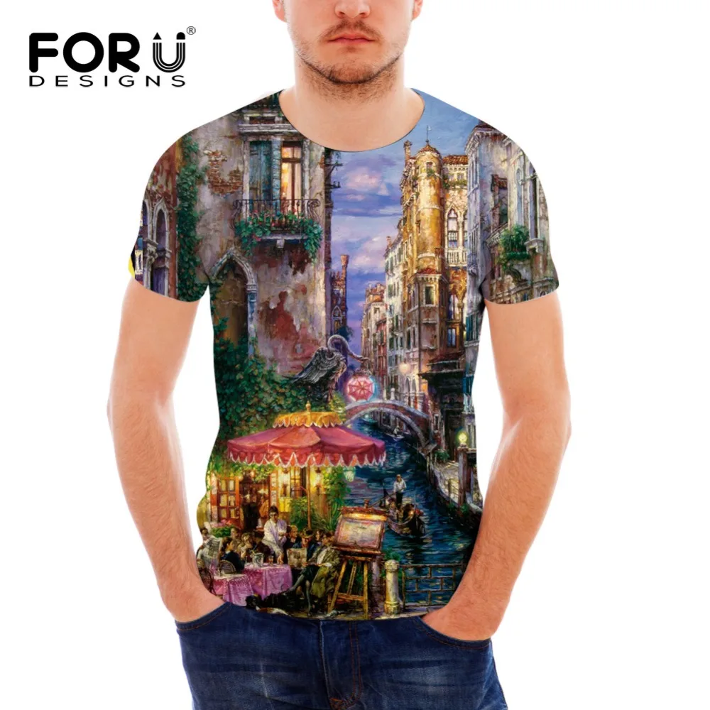 

FORUDESIG Venice Painting T Shirt Men Fashion New Casual Men's Summer Slim Fit T-Shirt Eiffel Tower Tshirt Men Short Sleeve Tees