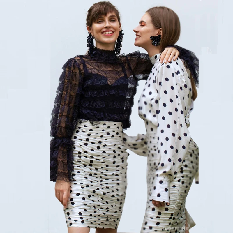 

Spring High Quality Runway Dress 2019 Ladies Elegant Lace Polka Dot Mini Office Dress two piece dress