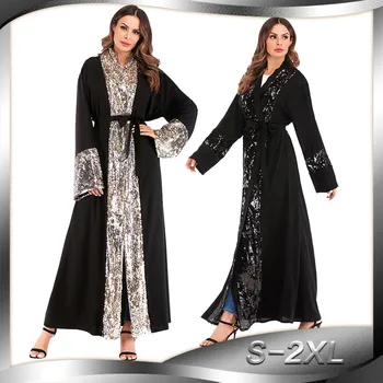 

2019 Women Cardigan Muslim Dress Sequins Plus Size Middle East Dubai Turkey Abaya Dress Ramadan Robe longue femme musulmane