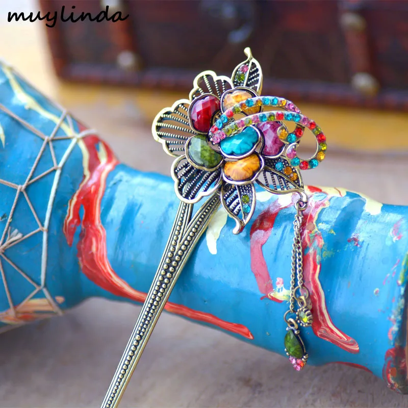 

Retro Big Flower Charm Hair Stick Women Antique Metal Banquet Hair Jewelry Hairpins Charm Rhinestone Hair Accessories