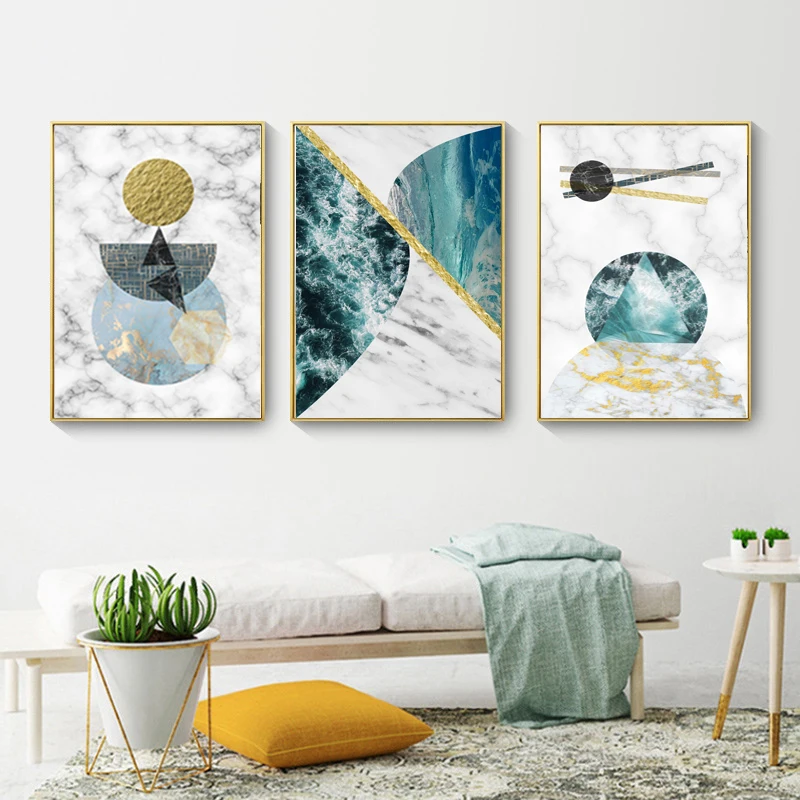 

HAOCHU Nordic Living Room Wall Art Decorative Painting Abstract Geometric Round Marble Arts Emerald Triptych Poster Home Decor