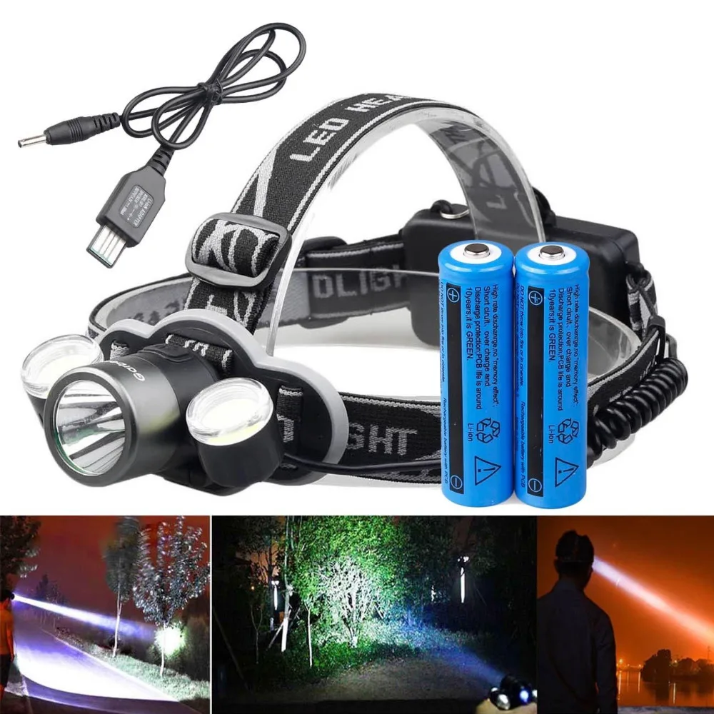 

Tactical LED Headlights 3000Lumens Headlamp 180-Degree Turn HeadTorch 2*18650 Rechargeable Batteries + USB Cable