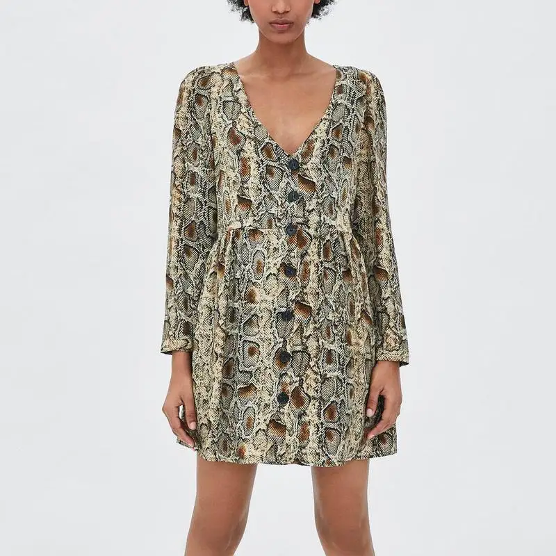 

ZA 2019 Spring New Snake Print Casual Loose V-neck Women Full Sleeve Mini Dress OYK8737