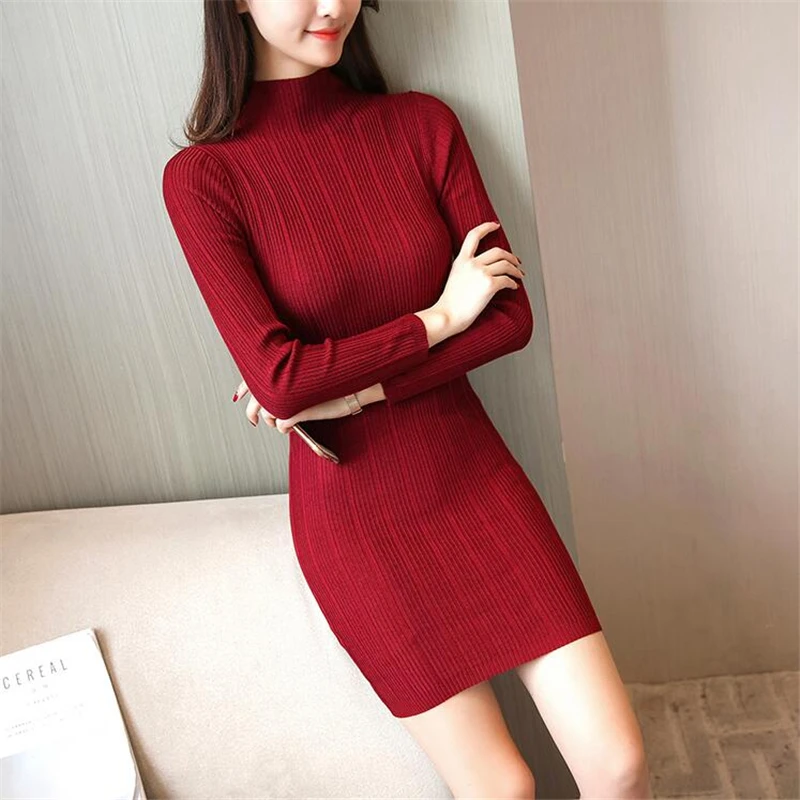 2018 Women Autumn Winter Sweater Dress Solid Slim Stand Sexy Pullover Long Sleeve Bodycon Warm Long Knitted Minii Dress vestidos Dresses