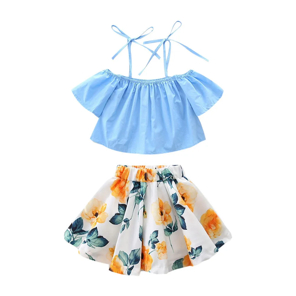 Toddler Kids Baby Girl 2Pcs Set Clothing Short Sleeve Off Shoulder Strap T-Shirt Tops Floral Mini Skirt Summer Clothes Outfits | Детская