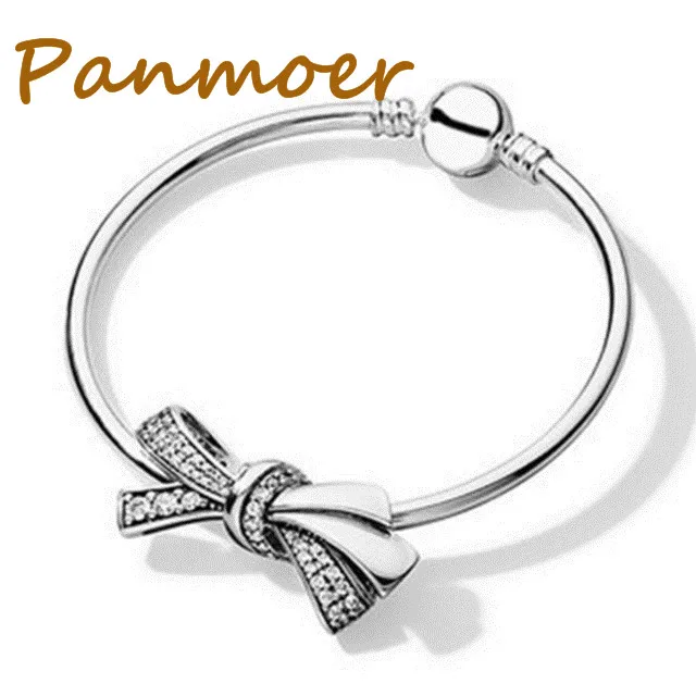 

High Quality 2018 New 100% 925 Sterling Silver Bow Charm Bracelet Bangle Set for Mother's Day Birthday Gift DIY Jewelry