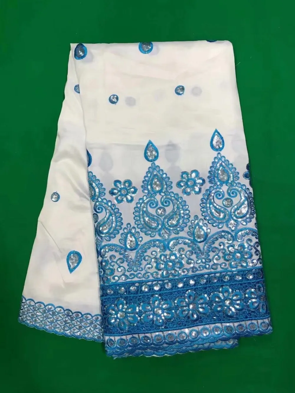 

5Yards/pc New fashion white George lace fabric with sky blue flower sequins african cotton lace for clothes DG1-1