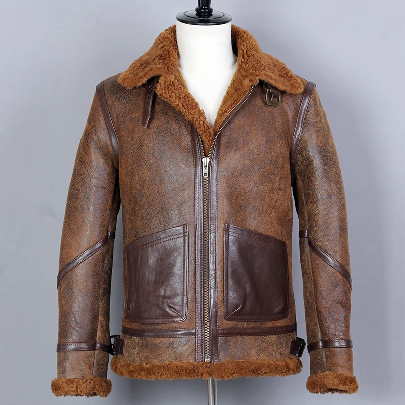 

2019 Fur One Air force flight Jacket Sheepskin Genuine Leahter Jacket Men Wool Liner Bomber Jacket Shearling Winter Coat