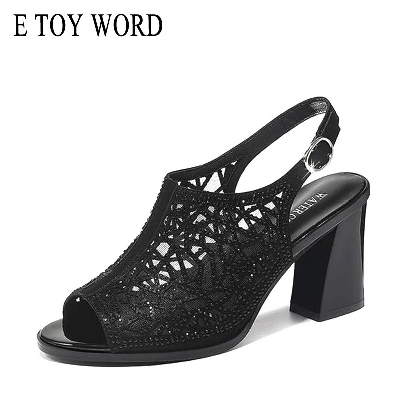 

E TOY WORD Sandals women 2019 Summer Sexy Peep Toe High Heels Mesh Hollow Out Woman shoes Fashion Crystal Back Strap Party Shoes