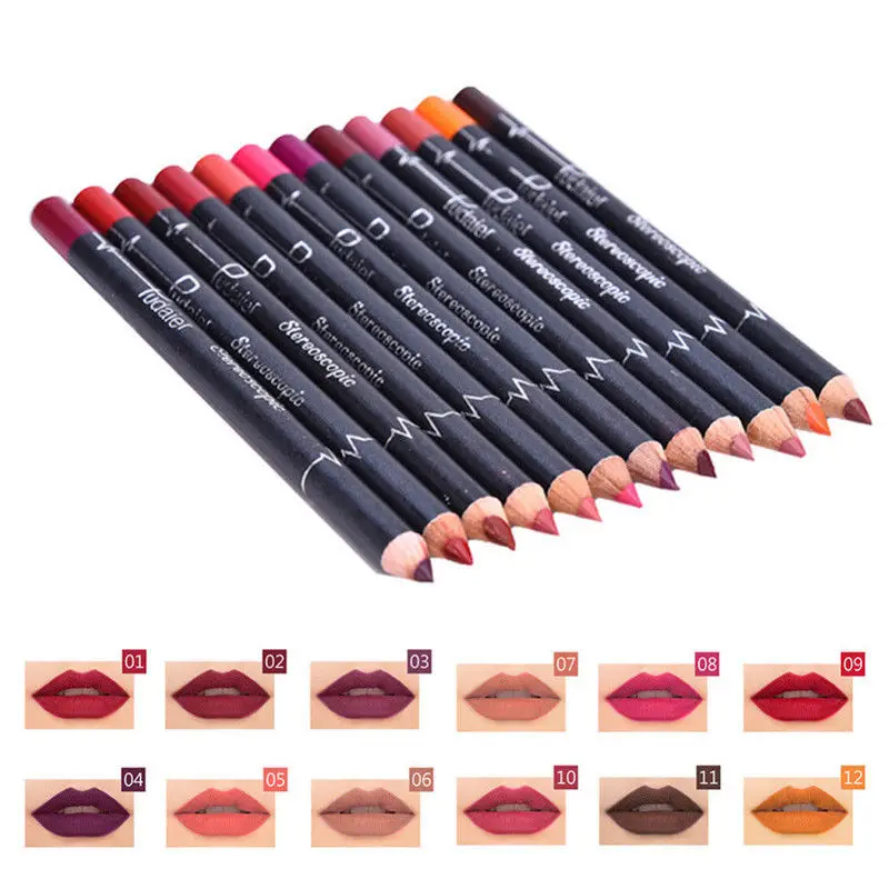 12Pcs/Set Waterproof Pencil Lipstick Set Pen Matte Lip Liner Long Lasting Makeup Pens Easy to Wear Non-stick Cup