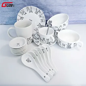 

Novelty Cute Ceramic Cat Plate Cup Bowl Spoon Sets Unique Dinner Soup Bowl Dessert Wholesale Dinnerware Tray Kitchen