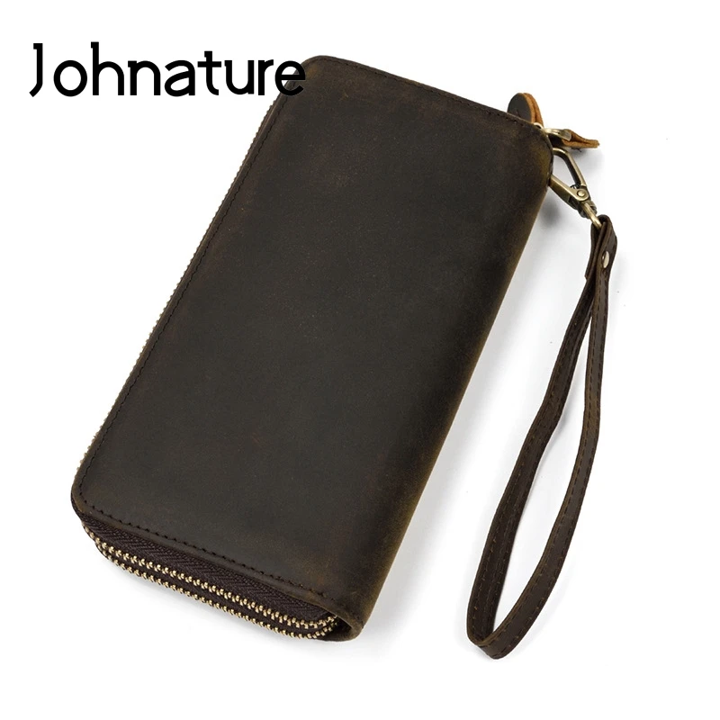 

Johnature 2020 New Men Crazy Horse Leather Long Hand Wallet Vintage Genuine Leather Double Zipper Men Clutch Wallets Card Holder