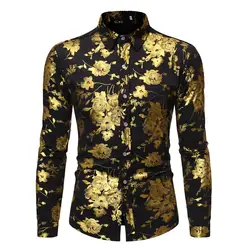 Роскошная Золотая Роза цветочная фольга печать рубашка для мужчин 2019 Весна Осень Новые с длинным рукавом черные мужские платья рубашки
