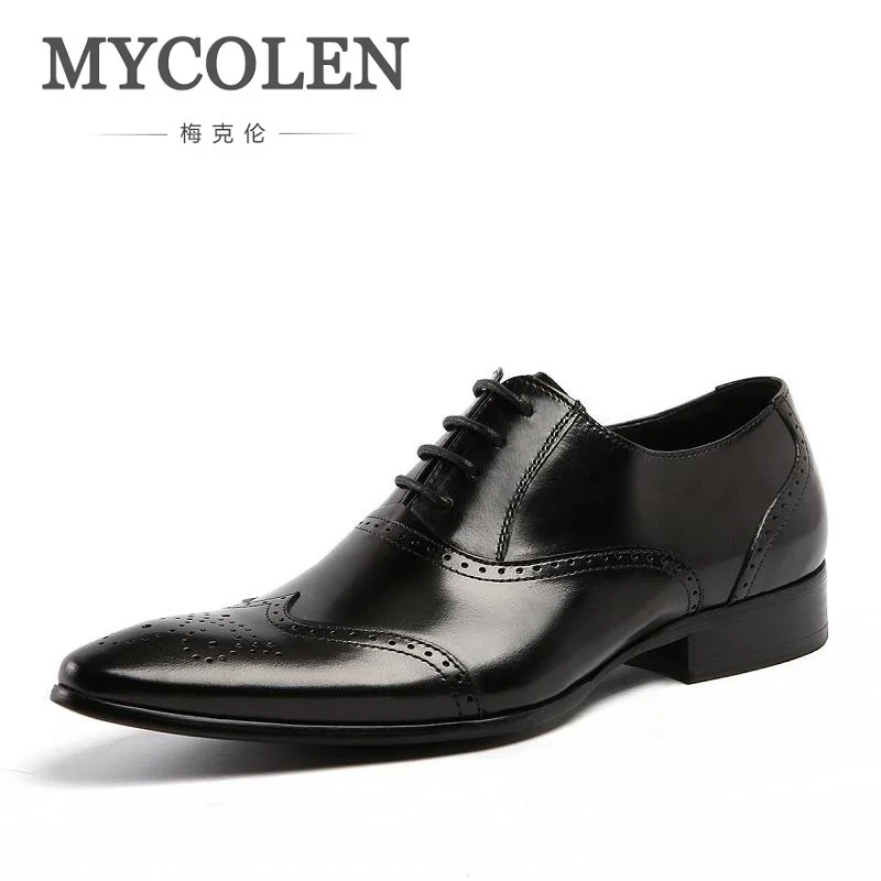 

MYCOLEN Men Shoes Genuine Leather Black Men's Dress Shoes Brand Luxury Man Flat Brown Wedding Oxford Sapatos Social Masculino