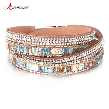 

Amorcome Graffiti Leather Bracelets For Women Shiny Crystal Vintage Boho Multilayer Double Wrap Bracelet Femme Jewelry