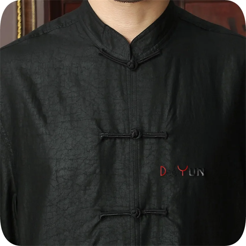 Модные черные китайский Для мужчин кунг-фу Однотонная футболка короткий рукав Однобортный традиция Тан костюм Размеры M L XL XXL XXXL 4XL
