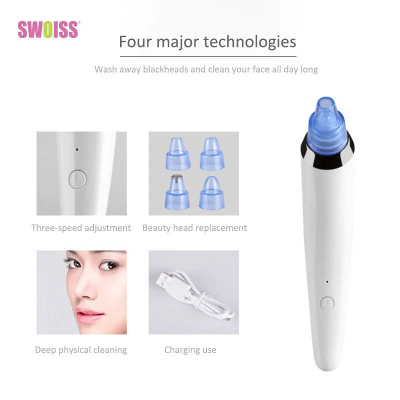 

SWOISS Electric Blackhead Remover Face Deep Pore Acne Pimple Cleaner Vacuum Suction Skin Care Tools + 4 Replaced Heads