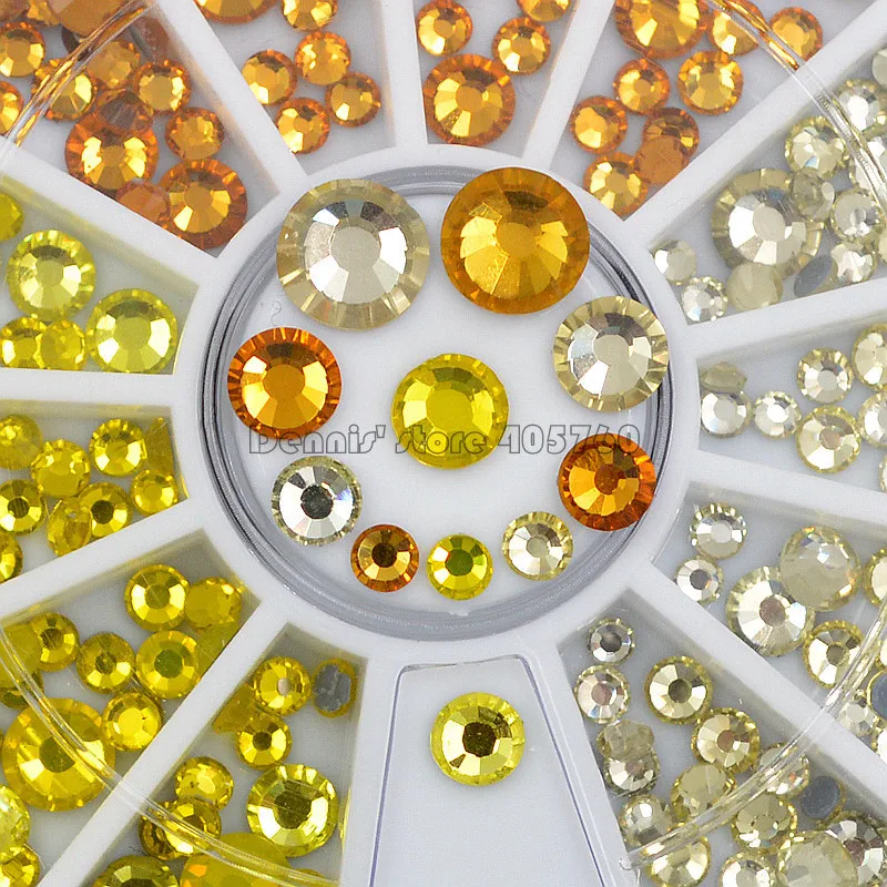 

Mix Sizes Glitter Yellow Series Hotfix Flatback Round Facets Diamond Nail Art Rhinestones Decorations Manicure DIY Wheel