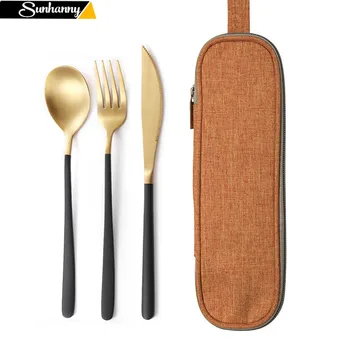 

GoldDinnerware Set Travel Cutlery Set Camping Tableware Reusable Utensils Set with Spoon Fork Chopsticks Straw and Portable Case