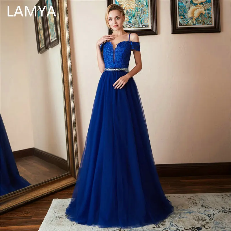 

LAMYA Lace V Neck Evening Gowns With Crystal Beading Sashes Tulle A Line Prom Dress Backless Evening Dresses vestido longo festa