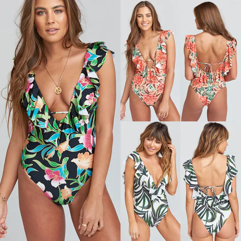 

2019 New Women Sexy Bodycon Bodysuit Bandage Ruffle One-Piece Romper Sleeveless Floral Bathing Suit Backless Beachwear
