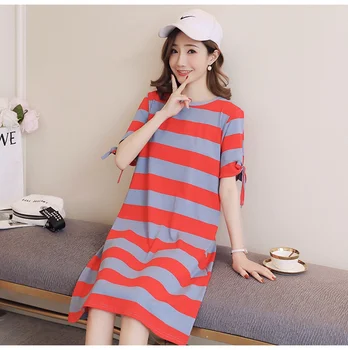 

Korean version of the 2019 new color matching thick stripes large size maternity dress in the long section of the t-shirt dress