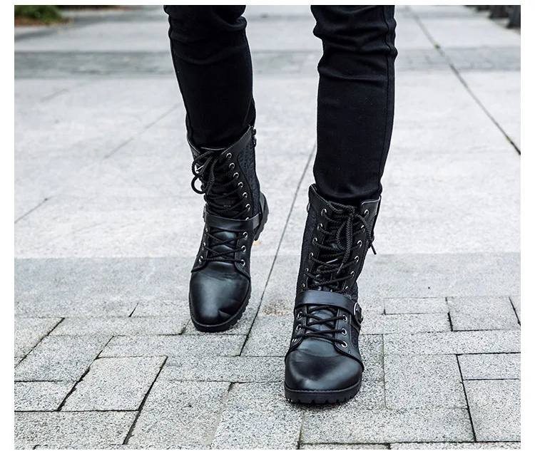 OUDINIAO/ботинки; мужские военные ботинки из искусственной кожи; мужские панк-сапоги для езды на мотоцикле со шнуровкой и металлической пряжкой; Мужская обувь до середины икры в стиле рок