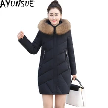 Ayunsue Для женщин зимняя куртка настоящий натуральный меховой воротник вниз пальто толстый теплый с капюшоном съемный пальто средний-длинная парка ST455