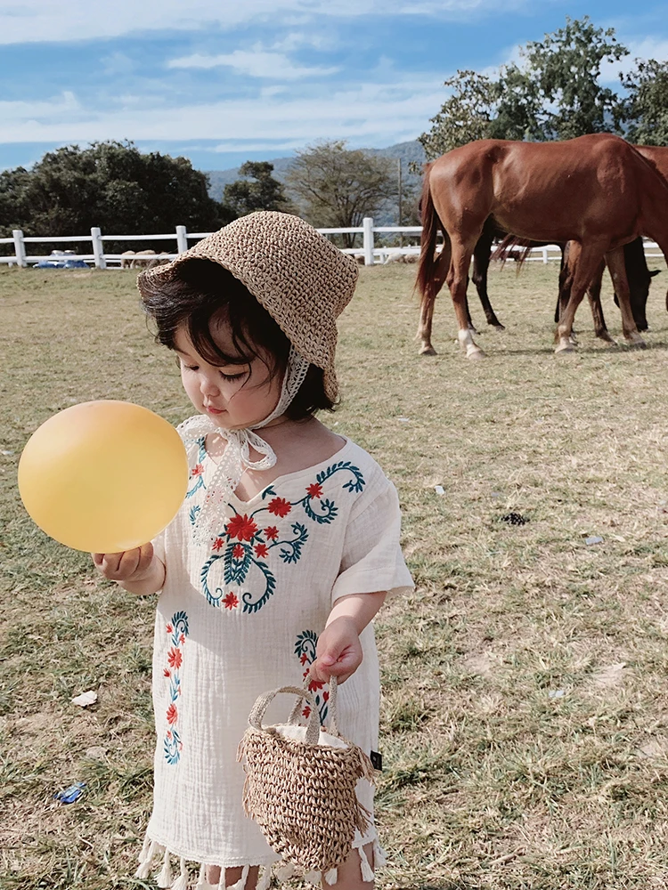 

Children Short Sleeve National Dress Summer 2019 Kid Girls Embroidery Floral Chinese Cotton Linen with Tassel Princess Dresses