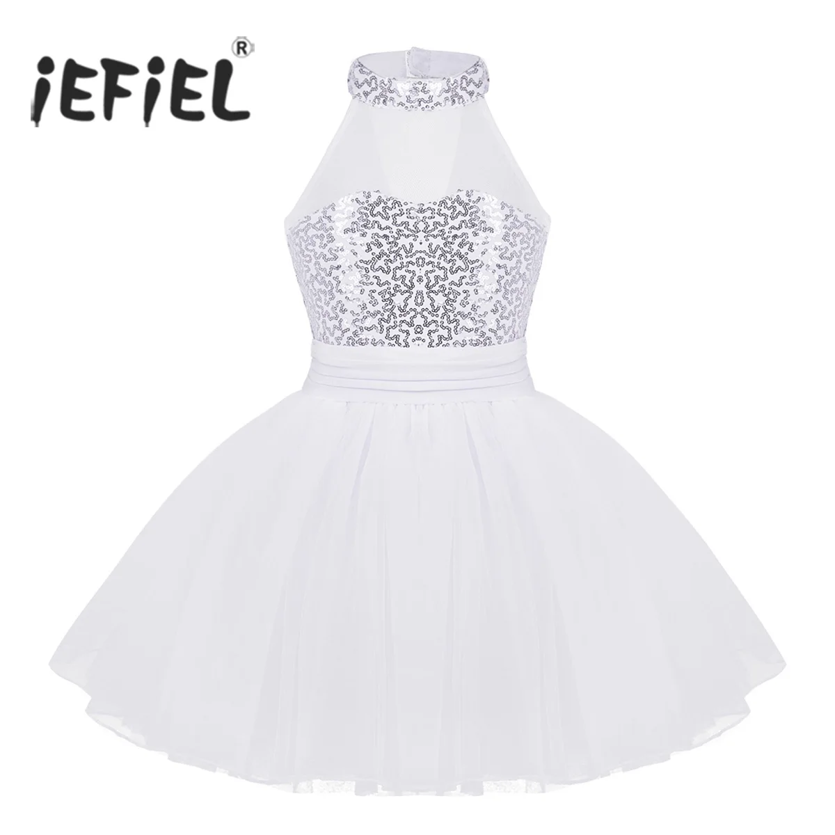 

iEFiEL Girls Sleeveless Fancy Party Professional Tutu Dress Mesh Splice Sequins Ballet Dance Gymnastics Leotard Dress for Kids