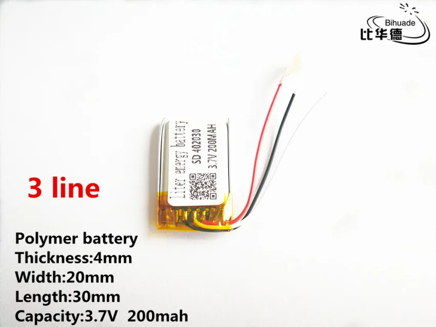 3 линии хорошего качества 3,7 V, 200 mAH, 402030 полимерный литий-ионный/литий-ионная аккумуляторная батарея для игрушка, портативное зарядное устройство, gps, mp3, mp4