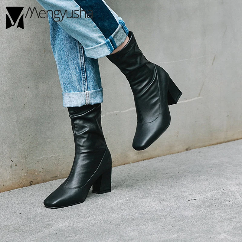 

Fashion Square toe leather chunky heels martin boots women mid-calf stretch botas high heels shoes woman chelsea bottes new 2019