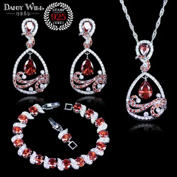 

Mystic Pear Red Zircon White Crystal silver color Jewelry Sets For Women Wedding Accessories Earrings/Pendant/Necklace/Bracelets