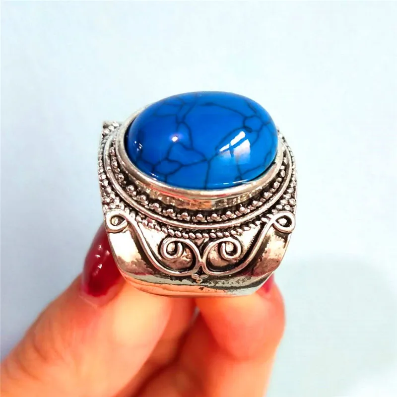 JUNXIN Blue Moonstone Oval Big Rings For Mens Antique 925 Silver Filled Christmas Fashion Jewelry Boho Wide Wedding Ring Male